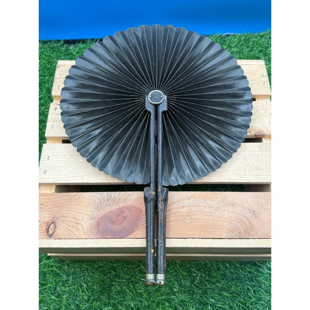 Antique Victorian Folding Cockade Fan - Black Pleated Silk with Leather Handles